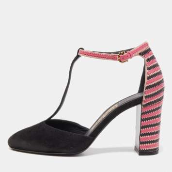 Pre Owned Salvatore Ferragamo Black/Pink Suede And Leather Fergie T-Strap Pumps Size 37.5
