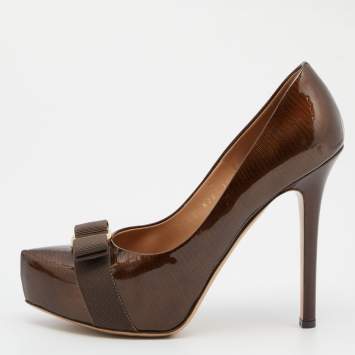 Pre Owned Salvatore Ferragamo Brown Patent Leather Vara Bow Pumps Size 38