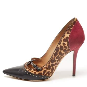 Pre Owned Salvatore Ferragamo Tricolor Leather and Leopard Print Calf Hair Lienna Studded Pumps Size 38.5