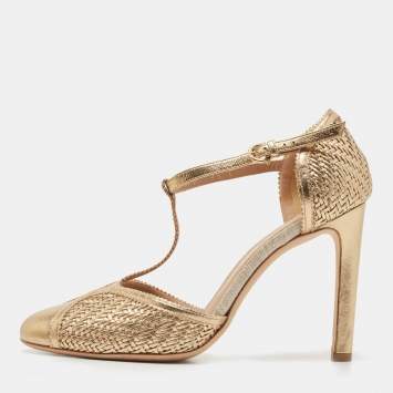 Pre Owned Salvatore Ferragamo Gold Woven Leather Emanuela Pumps Size 38