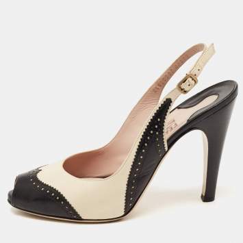 Pre Owned Salvatore Ferragamo Black/Off White Brogue Leather Peep Toe Slingback Pumps Size 40