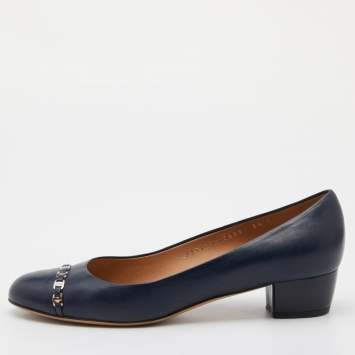 Pre Owned Salvatore Ferragamo Blue Leather Block Heel Pumps Size 39