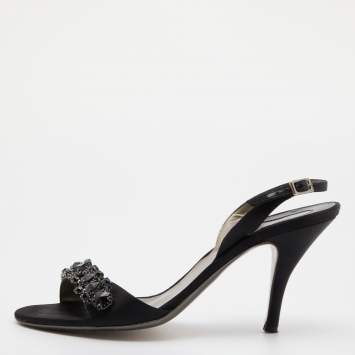 Pre Owned Salvatore Ferragamo Black Satin Crystal Embellished Ankle Strap Sandals Size 40