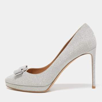 Pre Owned Salvatore Ferragamo Silver Glitter Osimo Platform Pumps Size 40