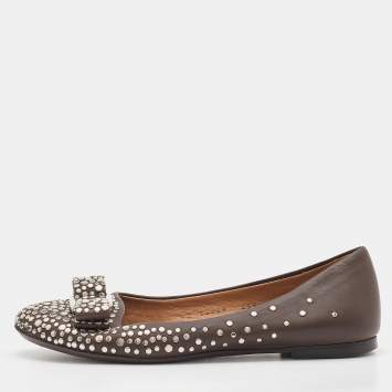 Pre Owned Salvatore Ferragamo Brown Studded Leather Vara Bow Ballet Flats Size 37