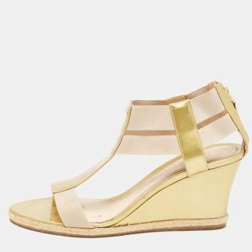 Pre Owned Salvatore Ferragamo Gold Patent Leather And Stretch Fabric Carioca Wedge Espadrille Sandals Size 42