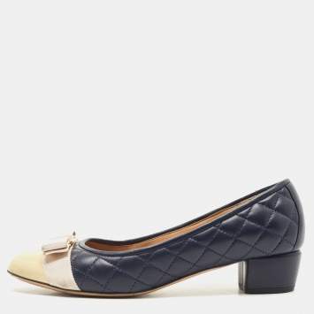 Pre Owned Salvatore Ferragamo Blue/Beige Leather and Patent Vara Bow Block Heel Pumps Size 39.5