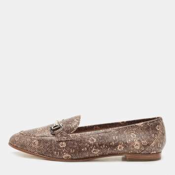 Pre Owned Salvatore Ferragamo Beige/Brown Lizard Embossed Leather Gancini Loafers Size 39