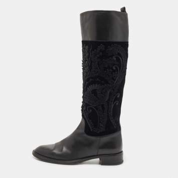 Pre Owned Salvatore Ferragamo Black Leather and Velvet Knee Length Boots Size 38