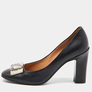 مملوكة مسبقًا Salvatore Ferragamo Black Leather Bow Block Heel Pumps Size 37