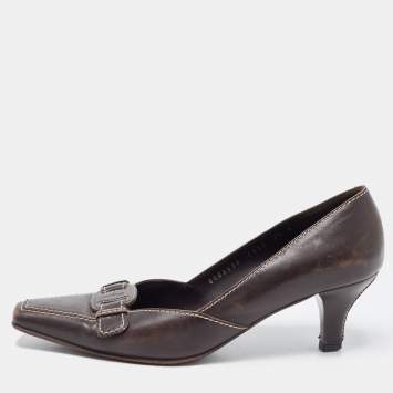 Pre Owned Salvatore Ferragamo Brown Leather Square Toe Pumps Size 38