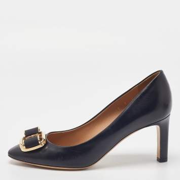 Pre Owned Salvatore Ferragamo Black Leather Lola Pumps Size 37.5