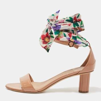 Pre Owned Salvatore Ferragamo Beige Patent Leather Scarf-tie Ankle Wrap Sandals Size 39.5