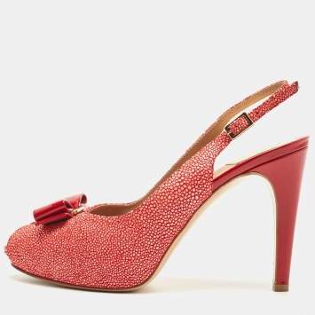 Pre Owned Salvatore Ferragamo Red Texture Suede  Vara Bow  Slingback Pumps Size 36.5