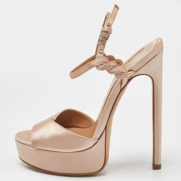 Pre Owned Salvatore Ferragamo Beige Satin Ankle Strap Platform Sandals Size 35