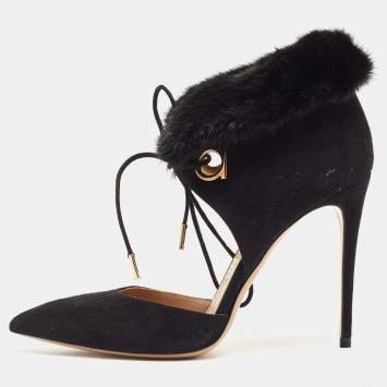 Pre Owned Salvatore Ferragamo Black Suede And Fur Trim Francesca Pumps Size 38