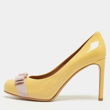 Pre Owned Salvatore Ferragamo Yellow Patent Leather Vara Bow Platform Pumps Size 41.5