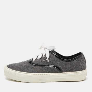 Pre Owned Salvatore Ferragamo Grey/Black Wool and Patent Leather Low Top Sneakers Size 37