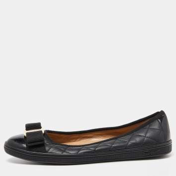Pre Owned Salvatore Ferragamo Black Quilted Leather and Patent Varina Ballet Flats Size 35.5