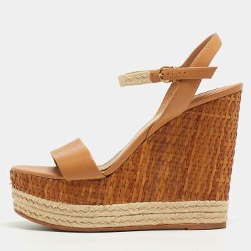 Pre Owned Salvatore Ferragamo Beige Leather and Raffia Marlene Wedge Sandals Size 39