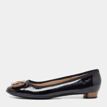 Pre Owned Salvatore Ferragamo Black Patent Leather  Buckle Ballet Flats Size 35.5