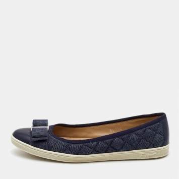 Pre Owned Salvatore Ferragamo Navy Blue Quilted Denim and Leather Varina Bow Ballet Flats Size 37