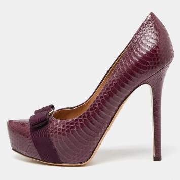 Pre Owned Salvatore Ferragamo Purple Watersnake Vara Bow Pumps Size 38.5