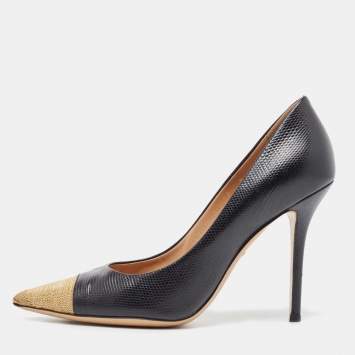Pre Owned Salvatore Ferragamo Black Textured Leather Chain Cap Toe Pumps Size 39