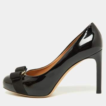 Pre Owned Salvatore Ferragamo Black Patent Leather Carla Vara Bow Platform Pumps Size 38.5