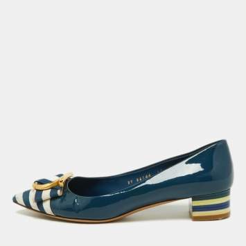 Pre Owned Salvatore Ferragamo Blue Patent Leather and Fabric Fele Gancio Pointed Ballet Flat Size 39