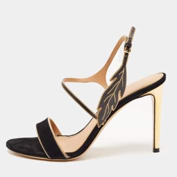 Pre Owned Salvatore Ferragamo Black Embellished Suede Shine Sandals Size 37.5