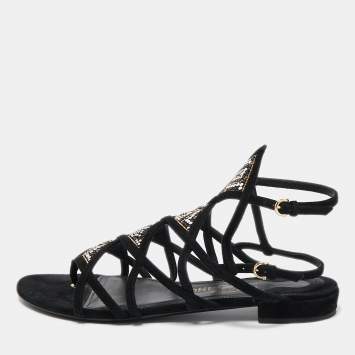 Pre Owned Salvatore Ferragamo Black Suede Embellished Slingback Flat Sandals Size 39