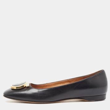 Pre Owned Salvatore Ferragamo Black Leather Buckle Ballet Flats Size 36.5