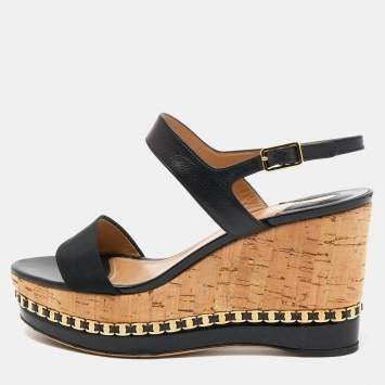Pre Owned Salvatore Ferragamo Black Leather and Canvas Bernie Wedge Sandals Size 39.5