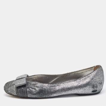 Pre Owned Salvatore Ferragamo Metallic Silver Suede Bow Ballet Flats Size 39.5