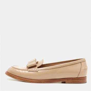 Pre Owned Salvatore Ferragamo Beige Leather Vivaldo Bow Loafers Size 39.5