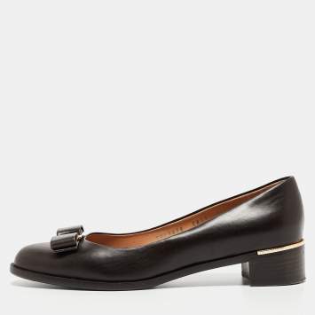 Pre Owned Salvatore Ferragamo Brown Leather Vara Bow  Pumps Size 38.5