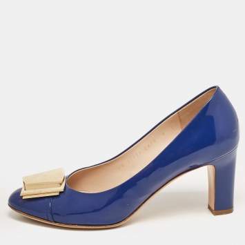 Pre Owned Salvatore Ferragamo Blue Patent Leather Block Heel Pumps Size 39.5