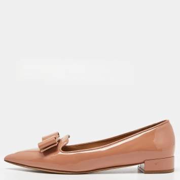 Pre Owned Salvatore Ferragamo Peach Patent Leather Zeri Pointed Toe Ballet Flats Size 37.5