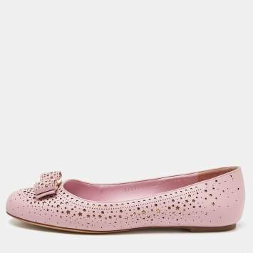 Pre Owned Salvatore Ferrgamo Pink Laser Cut Leather Vara Bow Ballet Flat Size 40