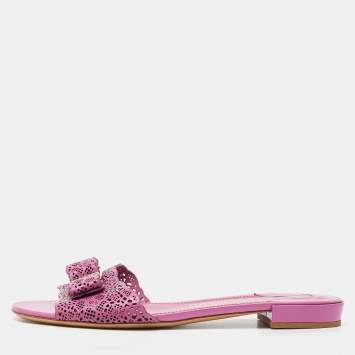 Pre Owned Salvatore Ferragamo Pink Laser Cut Leather Gil Flat Slide Sandals Size 38.5