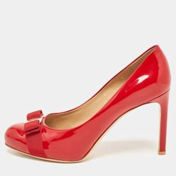 Pre Owned Salvatore Ferragamo Red Patent Leather Vara Bow Pumps Size 41
