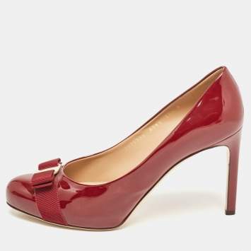Pre Owned Salvatore Ferragamo Burgundy Patent Leather Vara Bow Pumps Size 41