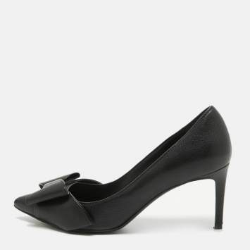 Pre Owned Salvatore Ferragamo Black Leather Bow Pointed Toe Pumps Size 37.5