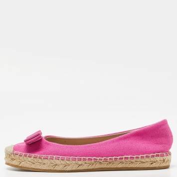 Pre Owned Salvatore Ferragamo Pink Canvas Mandy Vara Bow Espadrille Flats Size 37.5