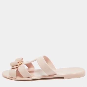 Pre Owned Salvatore Ferragamo Pink Jelly Bow Detailed Flat Slides Size 38.5  