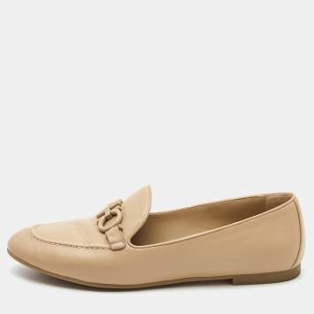Pre Owned Salvatore Ferragamo Beige Leather Trifoglio Smoking Slippers Size 40.5