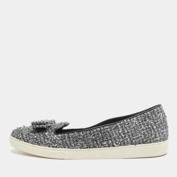 Pre Owned Salvatore Ferragamo Silver Tweed Bow Slip On Sneakers Size 41.5