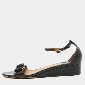 Pre Owned Salvatore Ferragamo Black Patent Leather Margot Wedge Sandals Size 38
