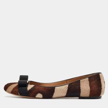Pre Owned Salvatore Ferragamo Brown/Beige Printed Calf Hair Varina Ballet Flats Size 40